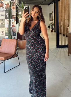 Front view of model wearing  front Princess Polly Asymmetric Neckline  Garrick Maxi Dress Black / Red