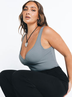 back view of model wearing Princess Polly Wilana Bodysuit Grey Sleeveless Sweetheart 