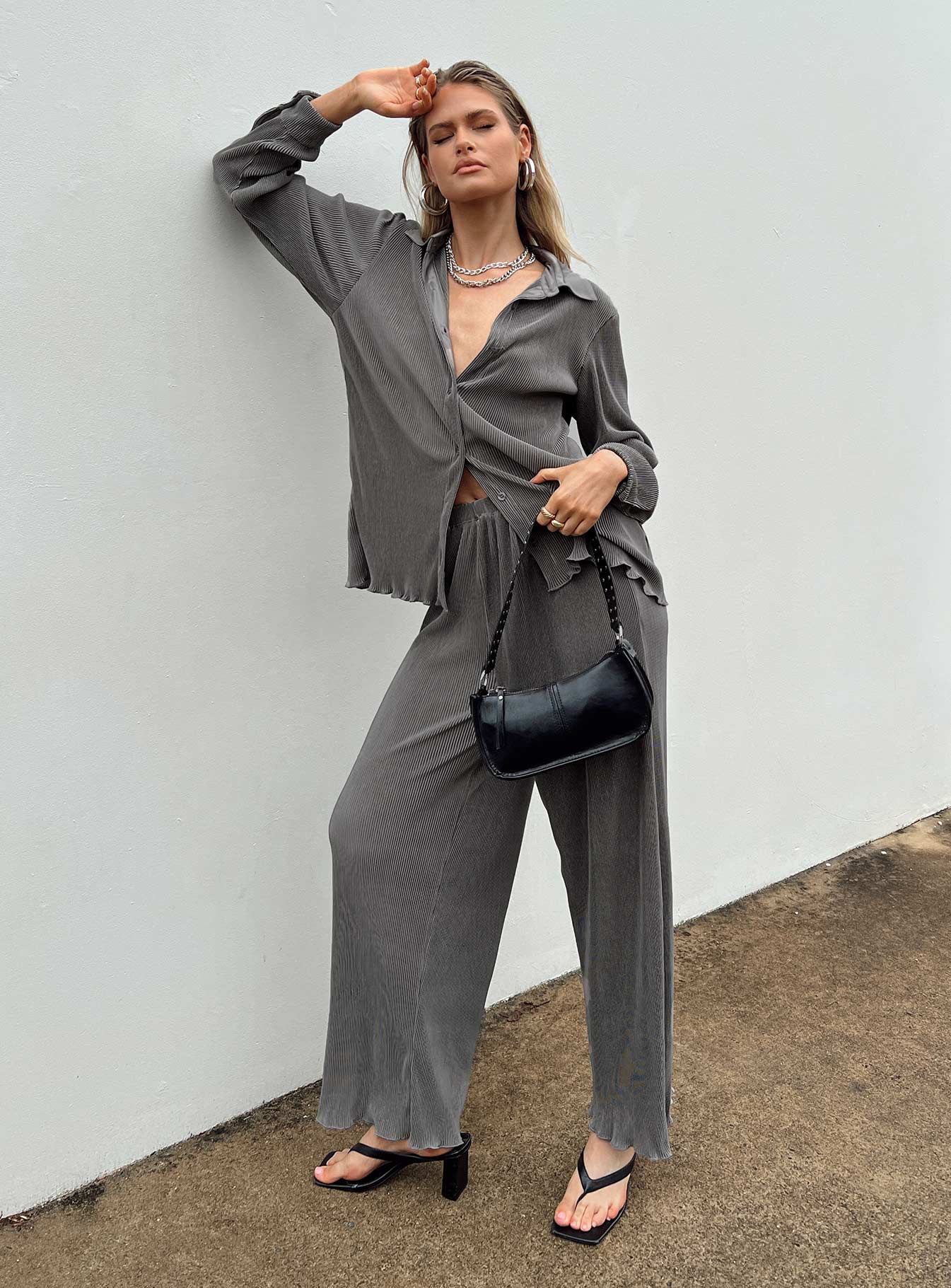 product Princess Polly High Waisted Pants High Waisted Pants High Waisted Pants  Cartmore Plisse Pants Charcoal