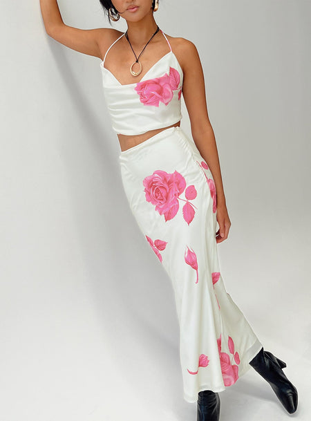 Two piece set Halter top Cowl neck Open back Tie fastening at neck and back Maxi skirt Invisible zip fastening at side