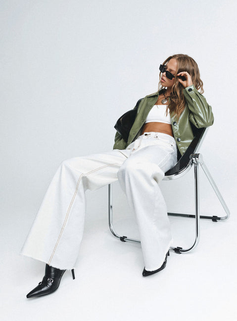 Green jacket Faux leather jacket Pointed collar Button fastening at front Twin hip pockets Single button cuff