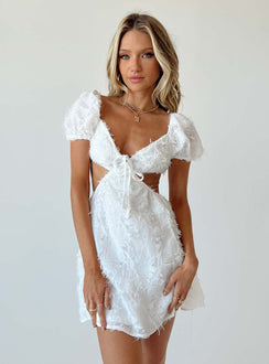 back view of model wearing Princess Polly Tiffany Mini Dress White Sweetheart Neckline 