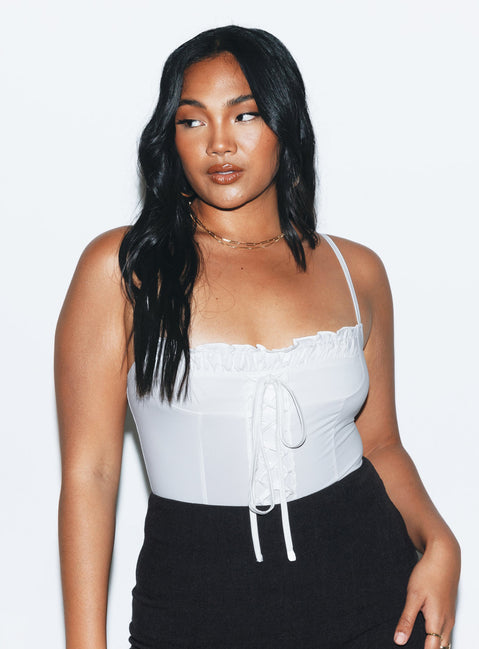 front view of model wearing Princess Polly Tavez Bodysuit Ivory Sleeveless Sweetheart 