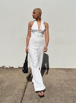White matching set Pinstripe print Vest top Halter neck Hook & eye fastening at front Tailored pants Invisible zip fastening at side Wide leg