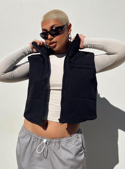 Black puffer vest High neck Zip front fastening  Faux chest pocket 