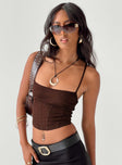 Front view of model wearing  front Princess Polly Sleeveless Square Neck  Hanslow Mesh Corset Cami Chocolate