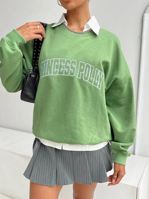 front view of model wearing Princess Polly Princess Polly Crew Neck Sweatshirt Collegiate Text Green 