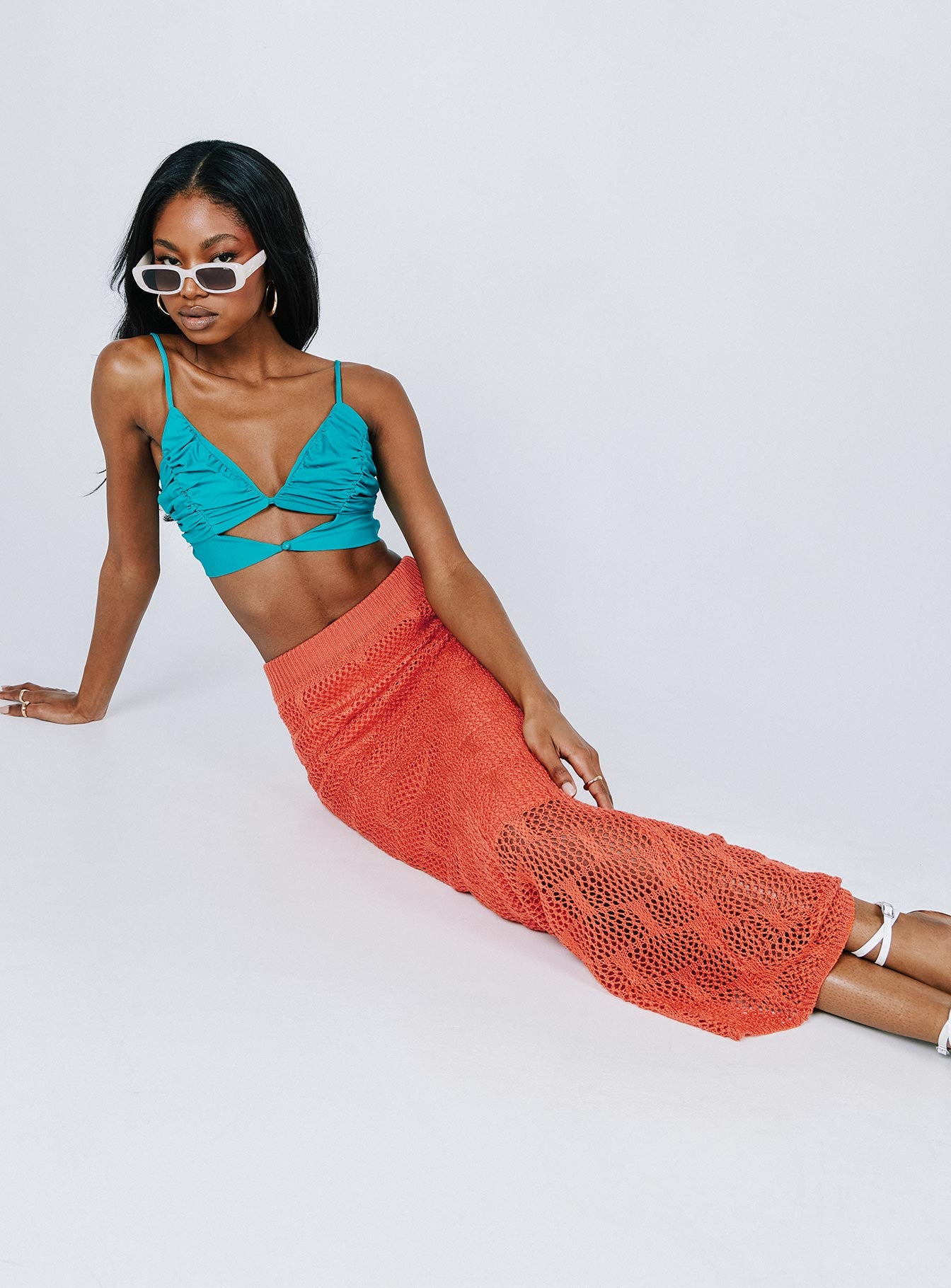   front view of model wearing Princess Polly Archie Maxi Skirt Red 