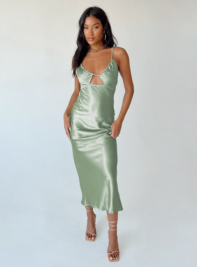 front view of model wearing Princess Polly Danica Maxi Dress Green Scoop Neck 