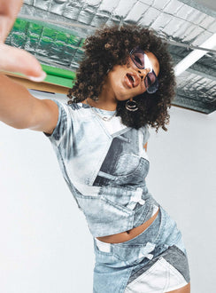 front view of model wearing Princess Polly Motel Tiona Top Denim Pocket Blue Short Sleeves High Neck 