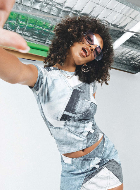 front view of model wearing Princess Polly Motel Tiona Top Denim Pocket Blue Short Sleeves High Neck 