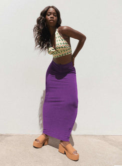   side view of model wearing Princess Polly Danna Maxi Skirt Purple 