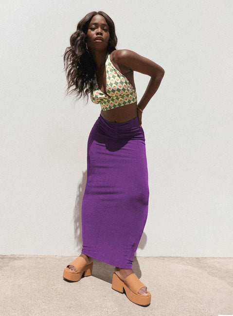   side view of model wearing Princess Polly Danna Maxi Skirt Purple 