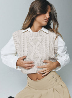 front view of model wearing Princess Polly Carey Sweater Vest Beige Cropped 