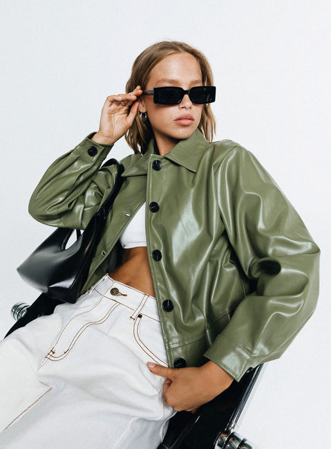 Green jacket Faux leather jacket Pointed collar Button fastening at front Twin hip pockets Single button cuff