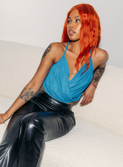 Front view of model wearing  front Princess Polly Sleeveless Asymmetric Neckline  Camarillo Top Blue