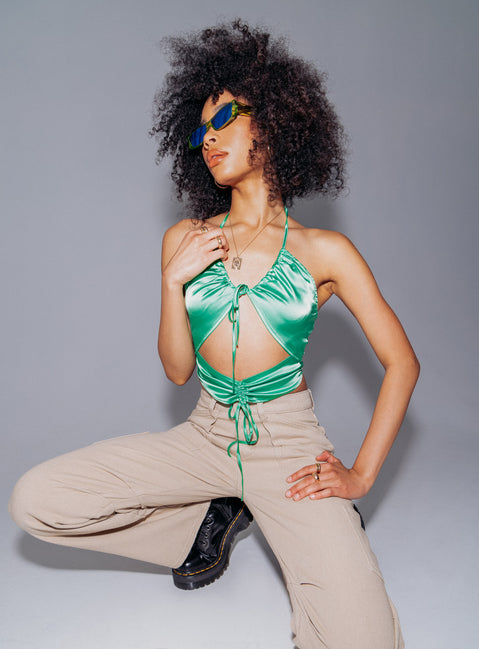 side view of model wearing Princess Polly Durante Top Green 