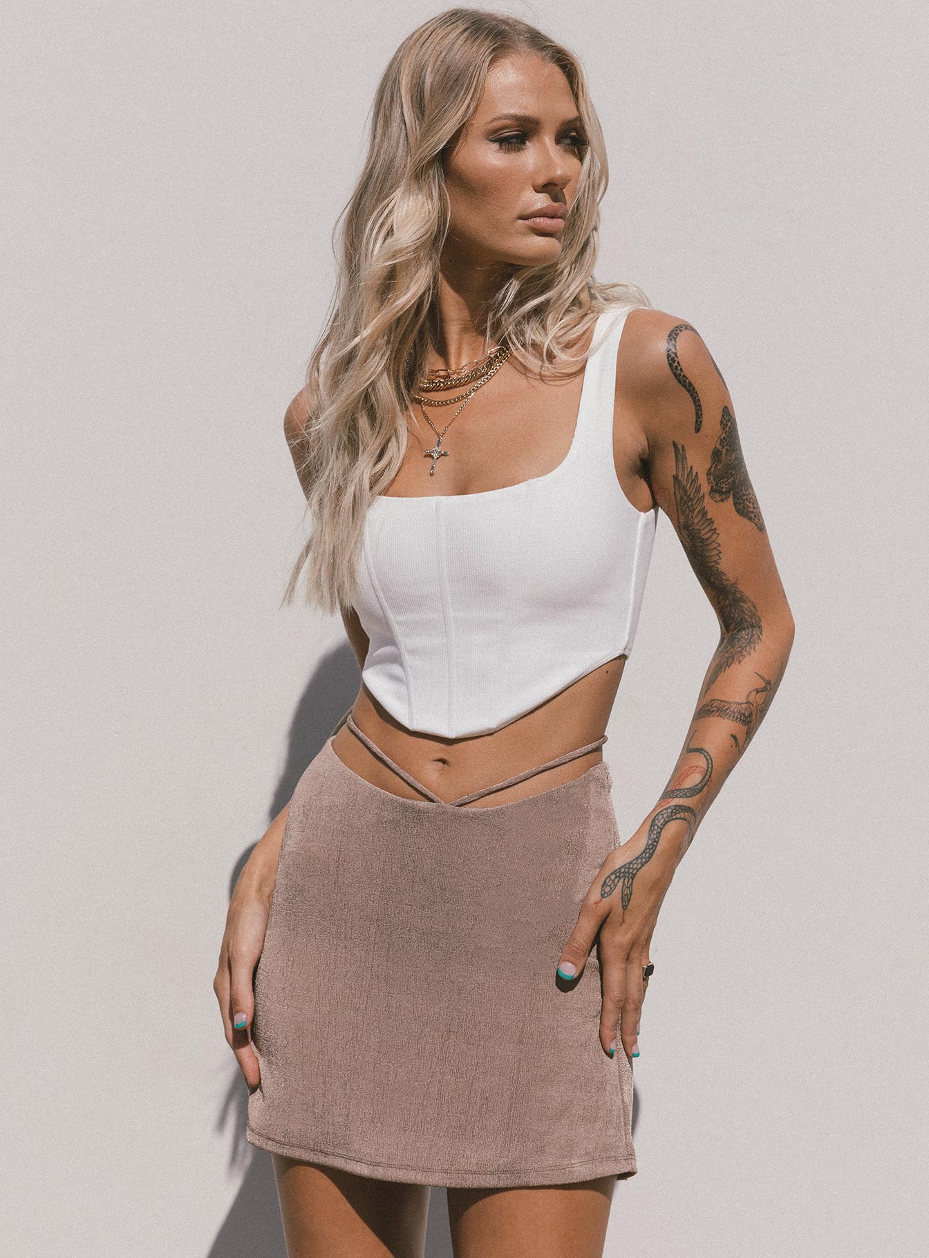   front view of model wearing Princess Polly Maisie Mini Skirt Brown 