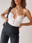 front view of model wearing Princess Polly Renzo Bodysuit White Sleeveless Plunger 