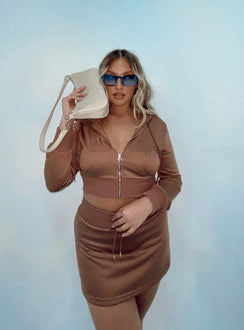   front view of model wearing Princess Polly Jaded Y2k Terry Mini Skirt Brown 