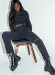 front view of model wearing Princess Polly Attica Knee Rip Denim Jeans Black Mid Rise 