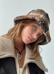 Bucket hat Faux fur Plaid print Soft short brim Adjustable ties inside Fully lined