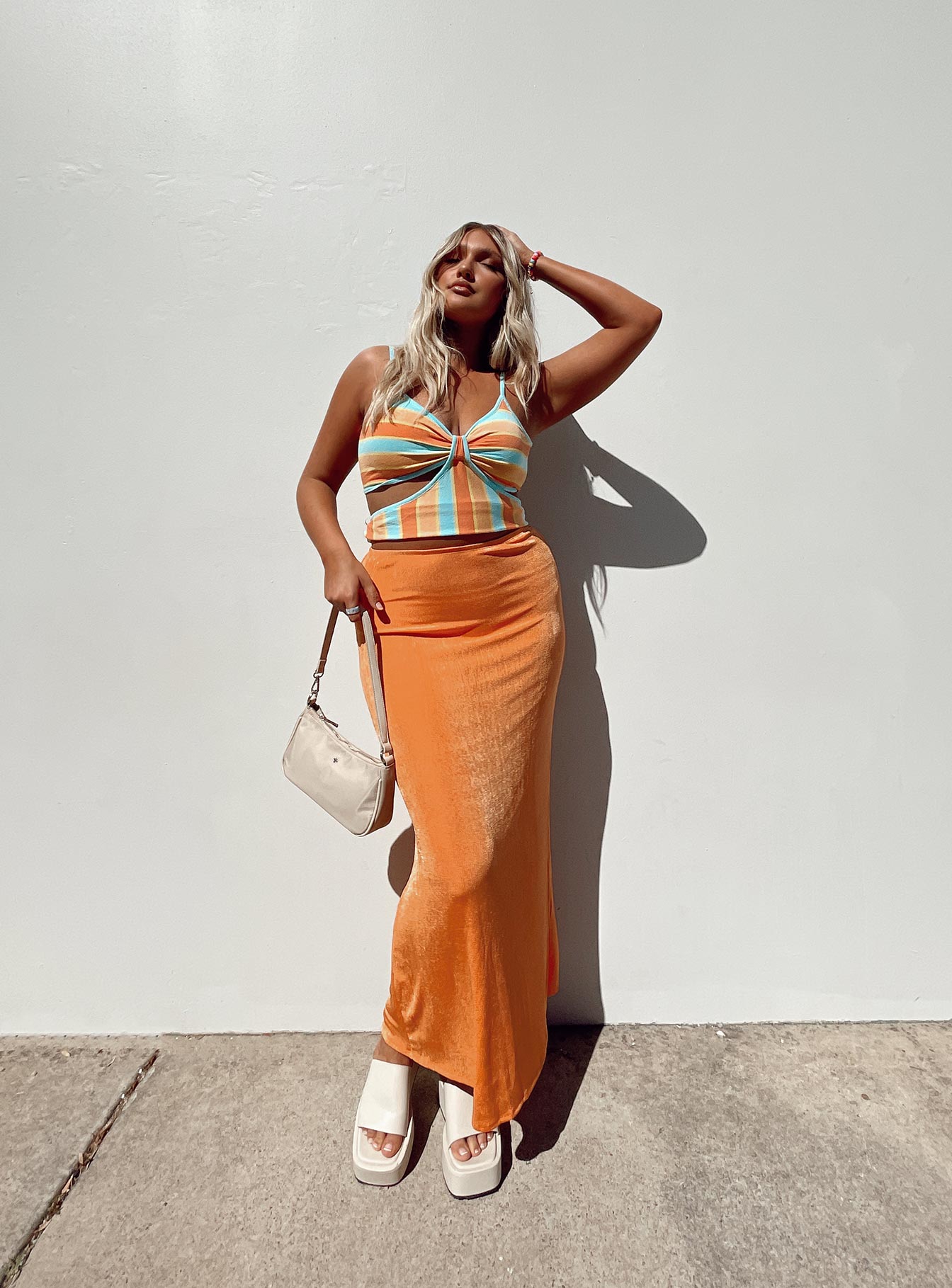 Front view of model wearing  front Princess Polly Sleeveless Crew Neck  Off Beat Top Multi