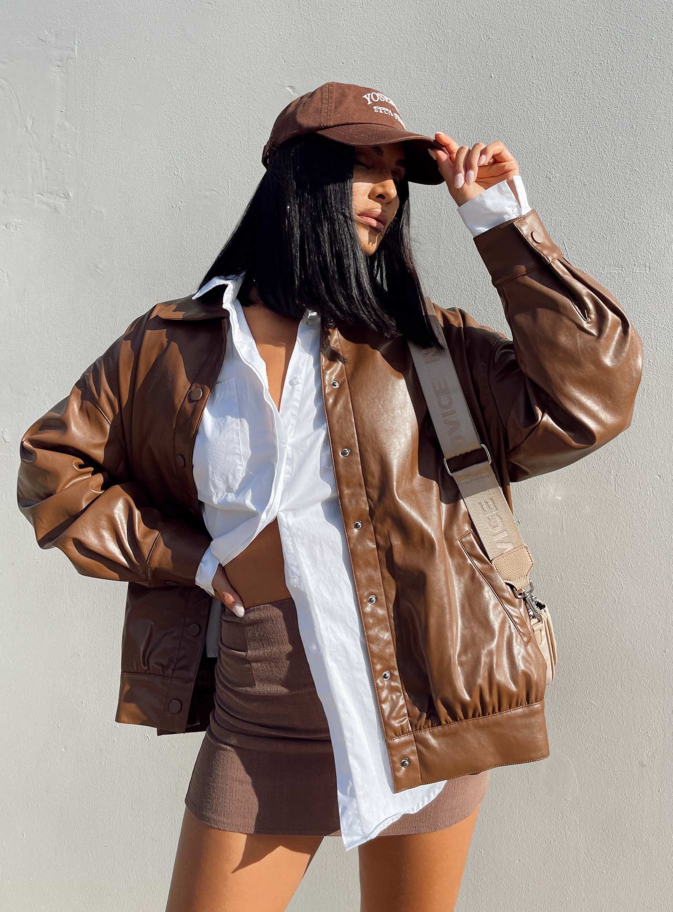 Oversized bomber jacket  Princess Polly Exclusive 50% polyester 50% PU Faux leather material  Classic collar  Press button front fastening  Single-button cuffs  Twin hip pockets  Satin lined 