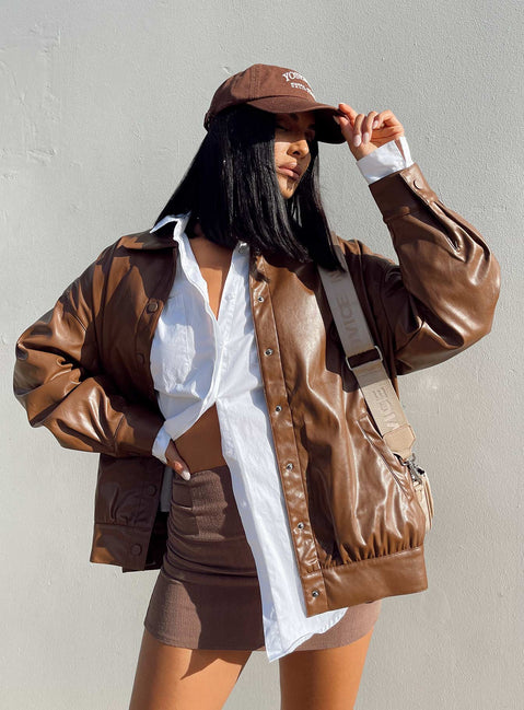 Oversized bomber jacket  Princess Polly Exclusive 50% polyester 50% PU Faux leather material  Classic collar  Press button front fastening  Single-button cuffs  Twin hip pockets  Satin lined 