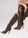 Boots Faux leather material  Croc print  Knee-high style  Stiletto heel  Pointed toe