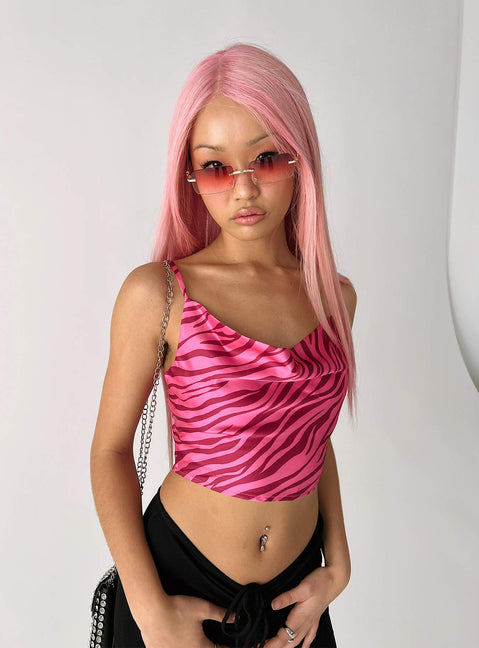 back view of model wearing Princess Polly Gia Top Pink Sleeveless Cowl 