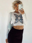 front view of model wearing Princess Polly Butterfly Long Sleeve Top White 