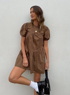 back view of model wearing Princess Polly Michelle Mini Dress Brown 