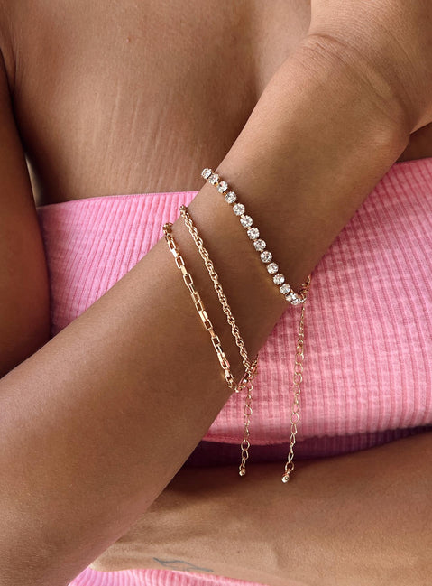 Bracelet set Pack of two One double chain design  Gold-toned  Diamante detail 