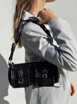 Black shoulder bag Faux leather material Two adjustable & removable straps Zip fastening Two front pockets with magnetic button fastening Lace up detailing at front Silver-toned hardware