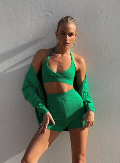 Three piece set Knit material  Cardigan  Button front fastening  Halter neck crop top  High waisted short  Elasticated waistband 