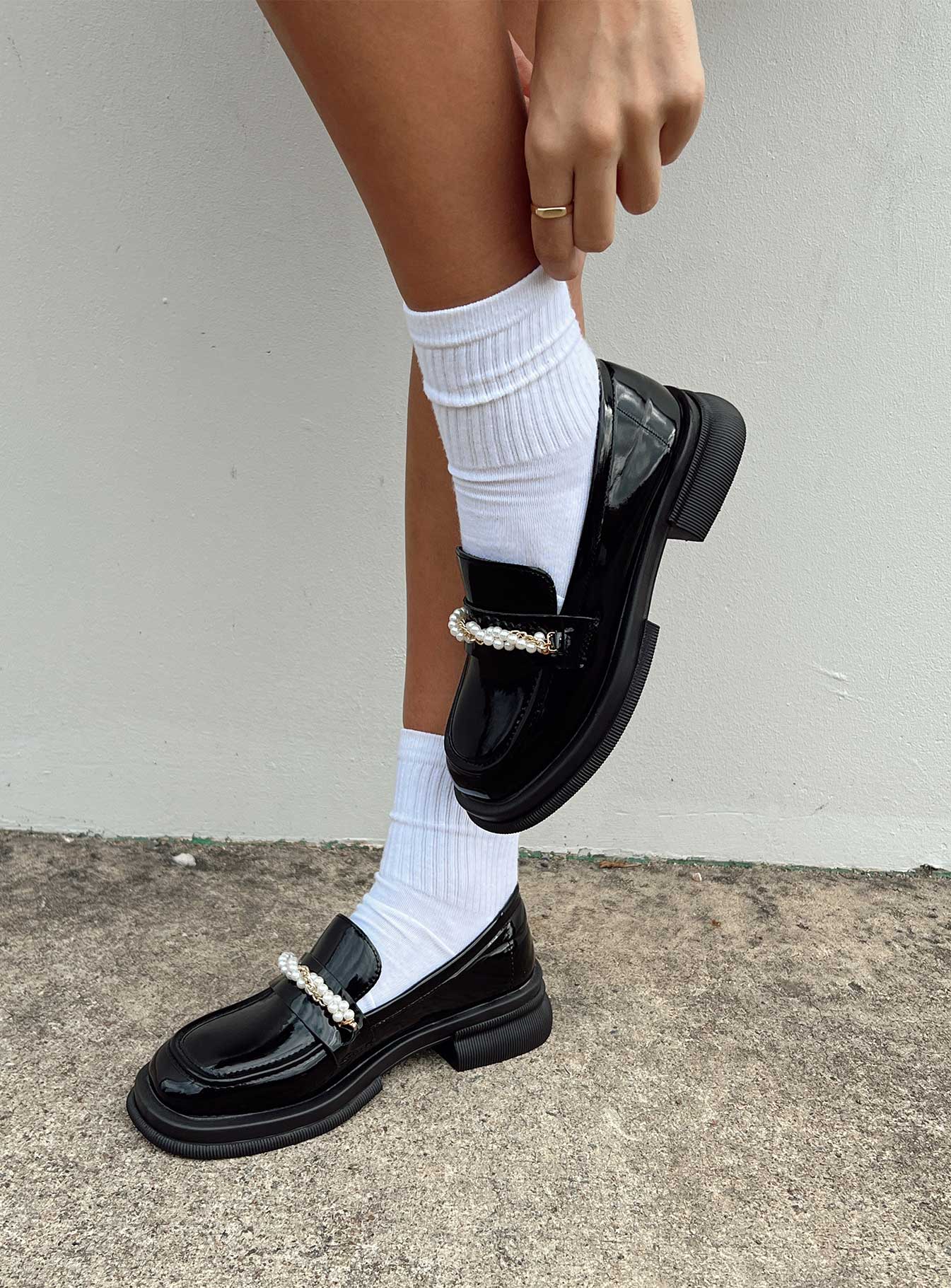 Loafers Faux patent leather Platform base Treaded sole Gold-toned & pearl snaffle detail Rounded toe