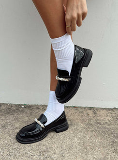 Loafers Faux patent leather Platform base Treaded sole Gold-toned & pearl snaffle detail Rounded toe