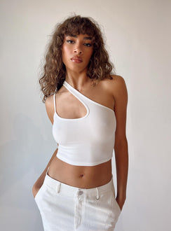 side view of model wearing Princess Polly Hutton Top White Sleeveless Asymmetric Neckline 