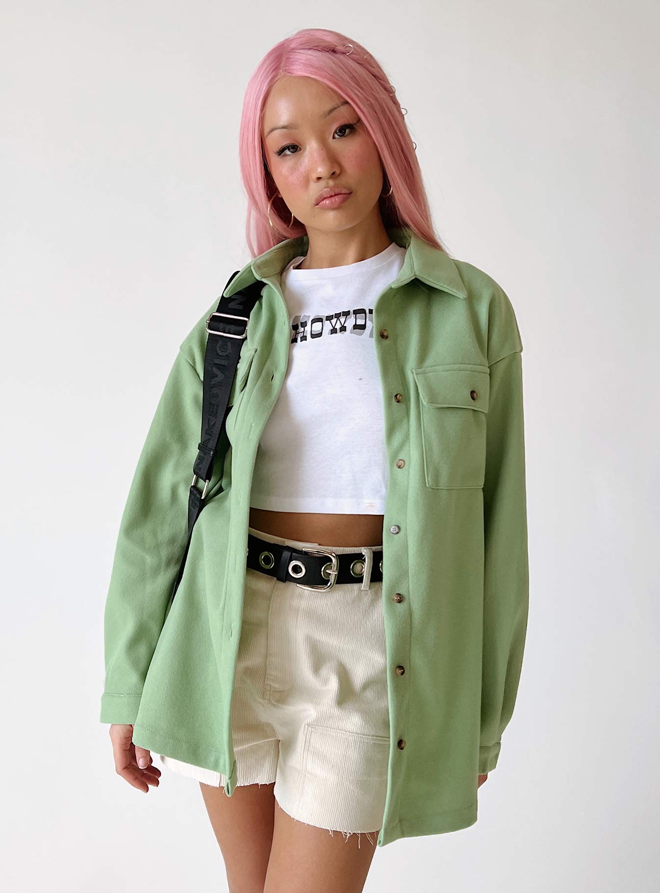 Green shacket button up breast pockets collared