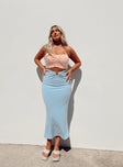   side view of model wearing Princess Polly Roselle Midi Skirt Blue 