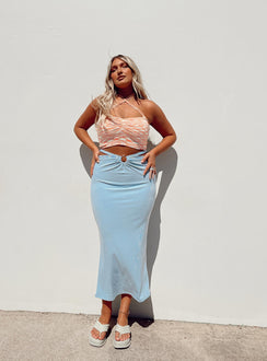   side view of model wearing Princess Polly Roselle Midi Skirt Blue 