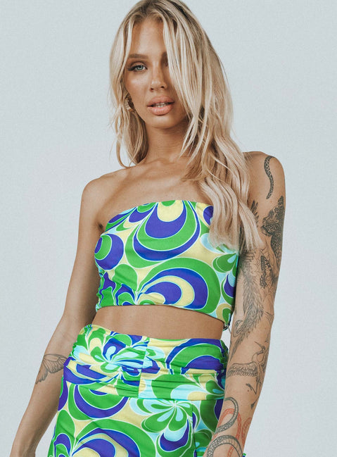 front view of model wearing Princess Polly Attwood Top Green Floral 