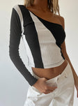 back view of model wearing Princess Polly Matty Long Sleeve Top Black / White Full Sleeves Asymmetric Neckline 