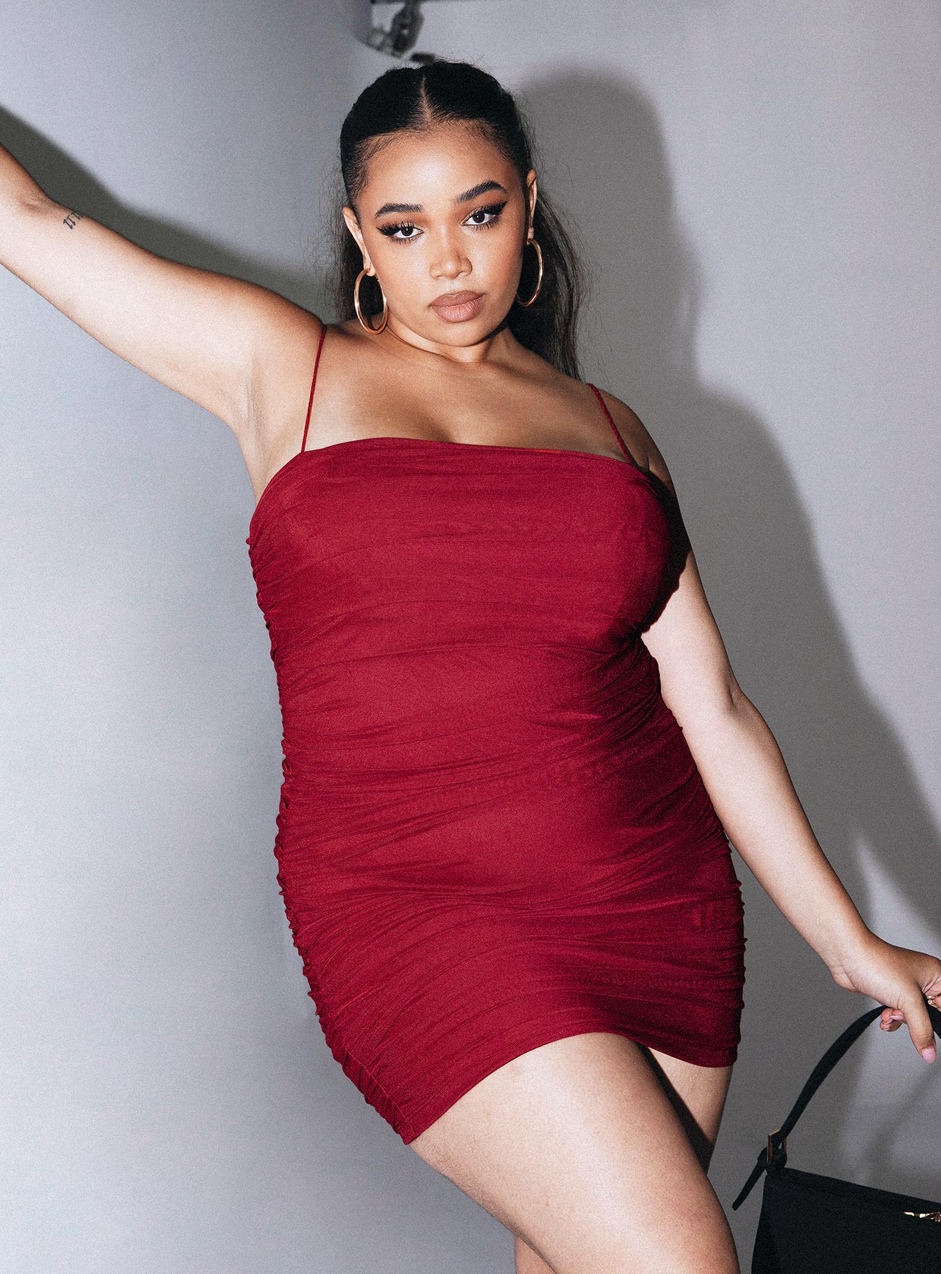 front view of model wearing Princess Polly Tara Mini Dress Red Curve 