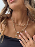 Necklace Gold toned Chunky design Cross & pearl detail Lobster clasp fastening