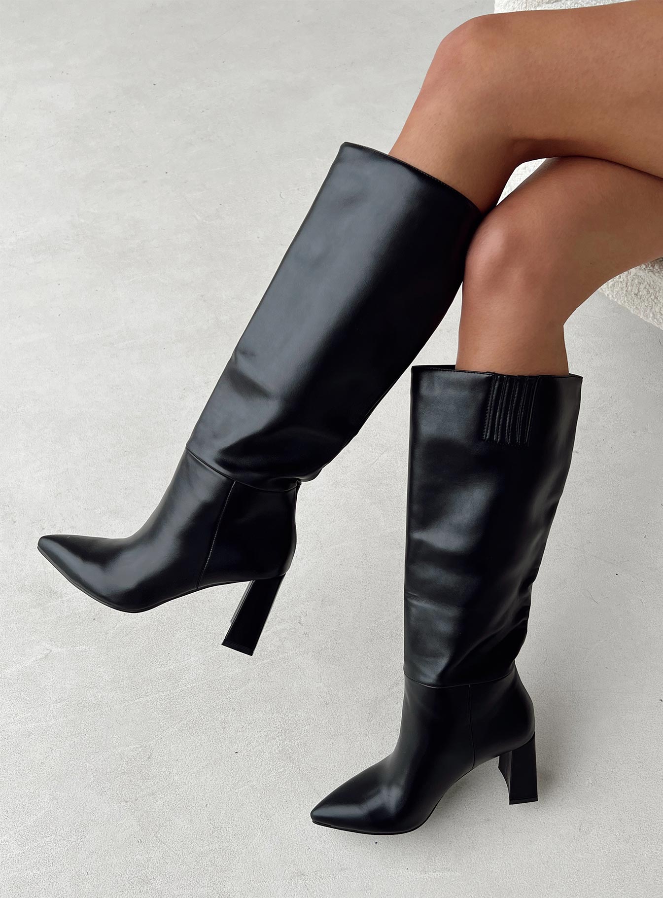 Knee high boots  Princess Polly Exclusive Upper: 100% PU Lining: 100% Textile Outsole: 100% TPU Faux leather material  Slip on design   Pointed toe  Block heel 