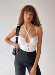 front view of model wearing Princess Polly Renzo Bodysuit White Sleeveless Plunger 