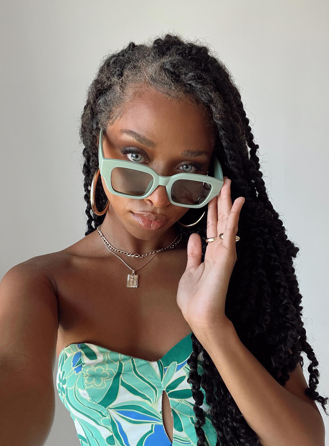 Sunglasses Oversized frame  Green tinted lenses Moulded nose bridge  