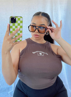 front view of model wearing Princess Polly Play The Game Tank Top Brown Curve Sleeveless Crew Neck 